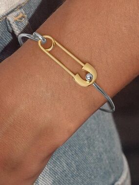 Two Tone Safety Pin Bracelet Minimalist Gold Silver Bangle